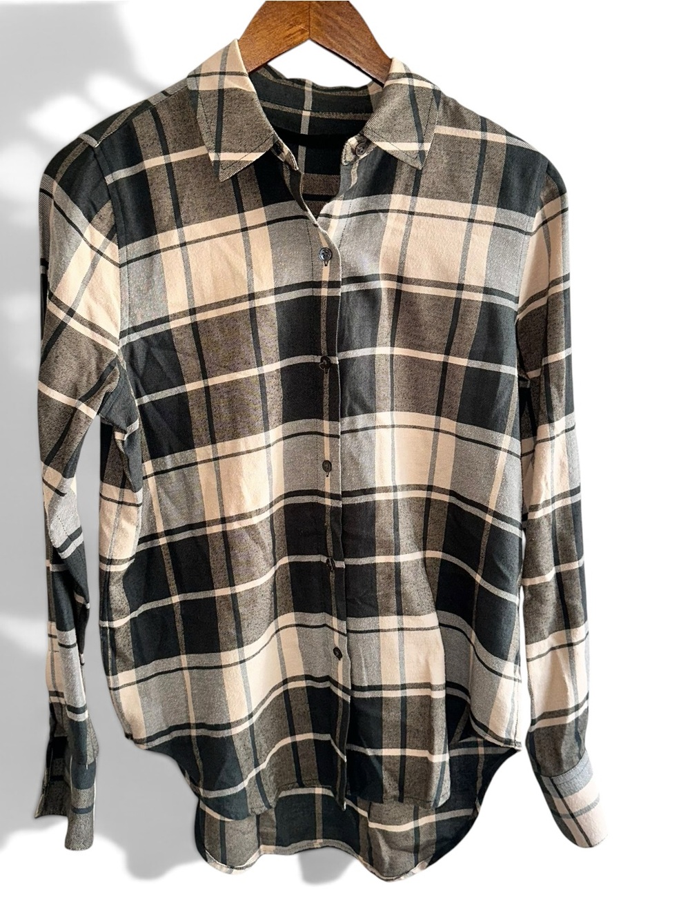 Jenni Kayne Women’s Plaid Flannel Button-Up Shirt XS Green Beige Point Collar
